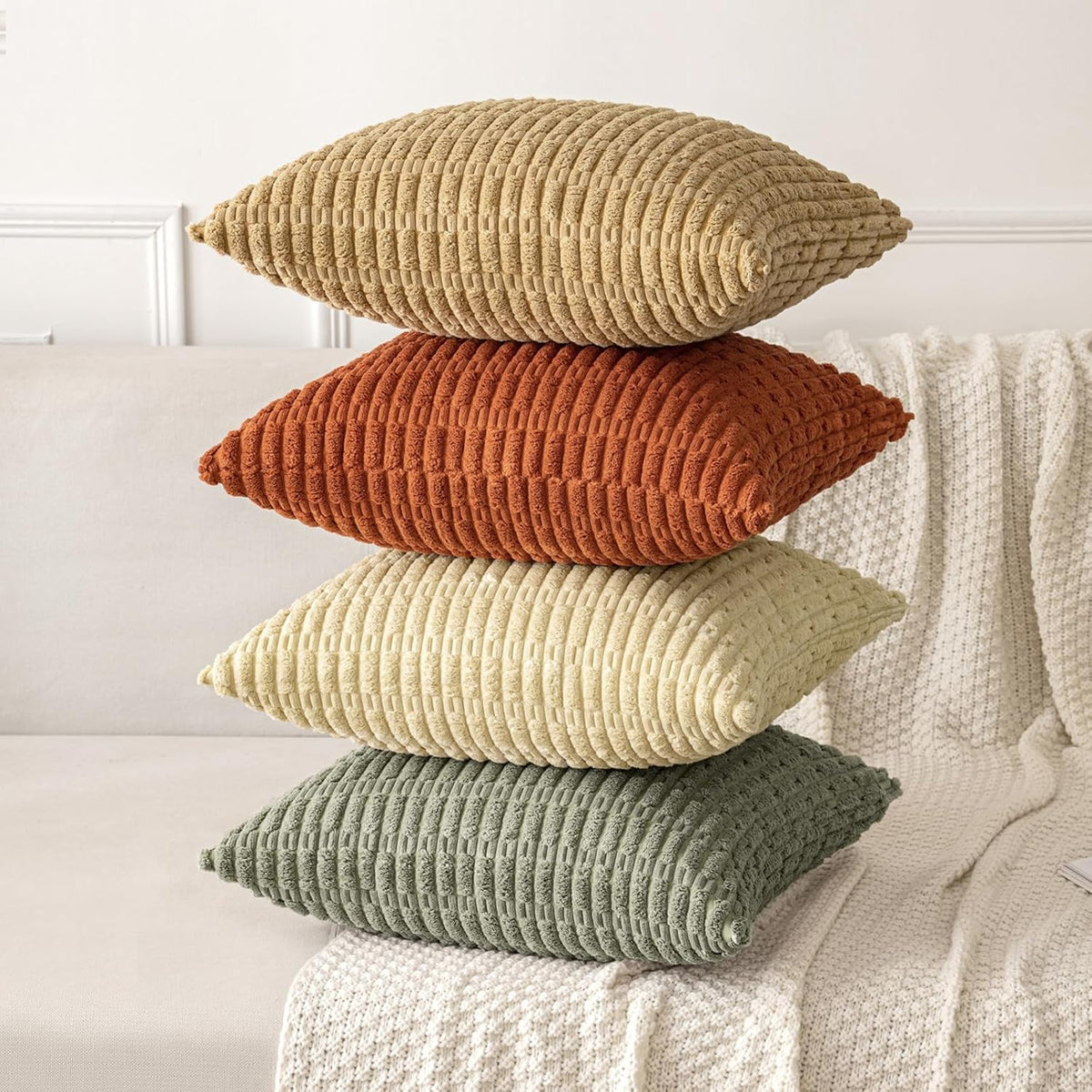 MIULEE Corduroy Throw Pillow Covers - Soft Boho Striped Design | 20x20 Inch Light Olive Green (Set of 2)