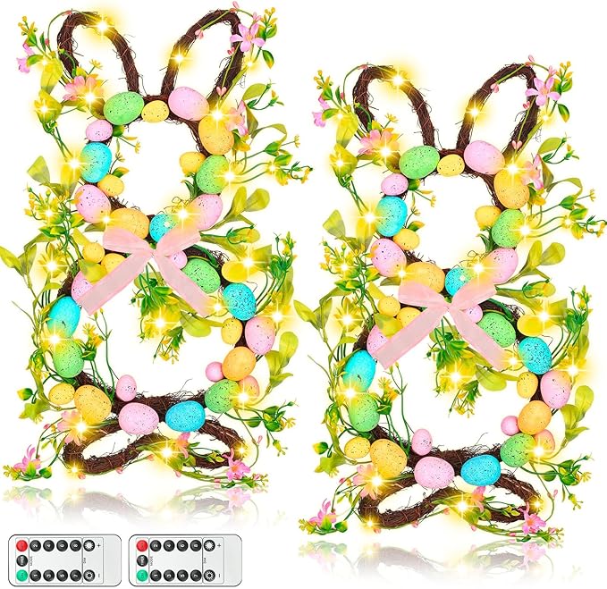 Hotop 2 Pcs Easter Bunny Spring Wreath with 20 LED Lights 23.6'' Easter Rabbit Door Wreath with Bow Eggs Hanging Bunny Wreaths for Front Door Easter Door Hanger for Spring Outdoor Wall Home Decoration