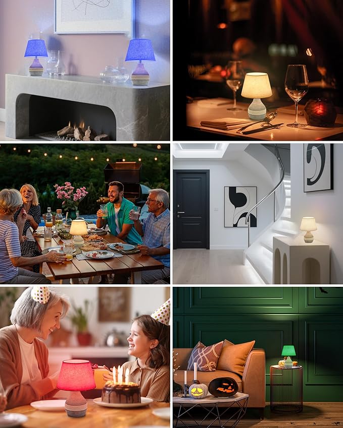 10" H Small Rechargeable Cordless Ceramic Table Lamp with Remote, RGB & Warm White Light, Timer & Dimmer, Battery Table Lamp with Linen Shade for Patio, Bedroom, Living Room, Dining Table