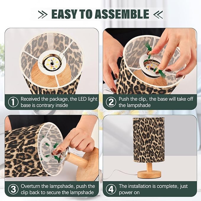 Bedside Table Lamp Leopard Print Nightstand Lamp with Wood Desk Lamps for Bedroom Living Room Nursery Office Home Decor