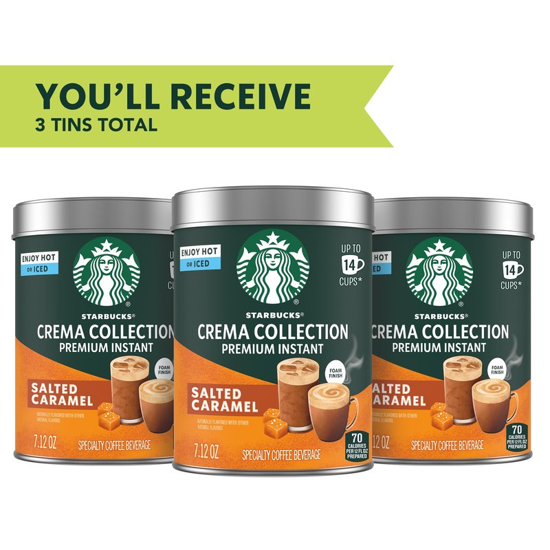 Starbucks Crema Collection Premium Instant Salted Caramel Flavored Instant Coffee, 100% Arabica Beans, 3 Tins (7.12 Oz Each)