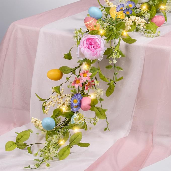 6FT Prelit Easter Garland with 20 LED Lights, Lighted Artificial Easter Egg Garland for Mantle, Battery Operated with 8 Mode Timer – Peony & Berry Accents
