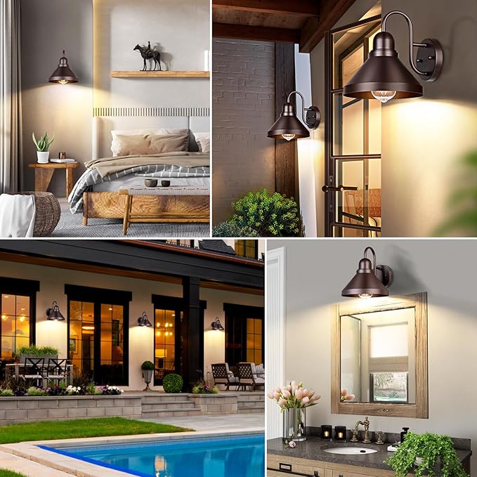 Brightever Gooseneck Porch Lights Outdoor, 2-Pack Farmhouse Exterior Barn Light Fixtures, Waterproof Industrial Brown Patio Wall Lamps for Garage, E26 Base Anti-Rust, Bulb not Included