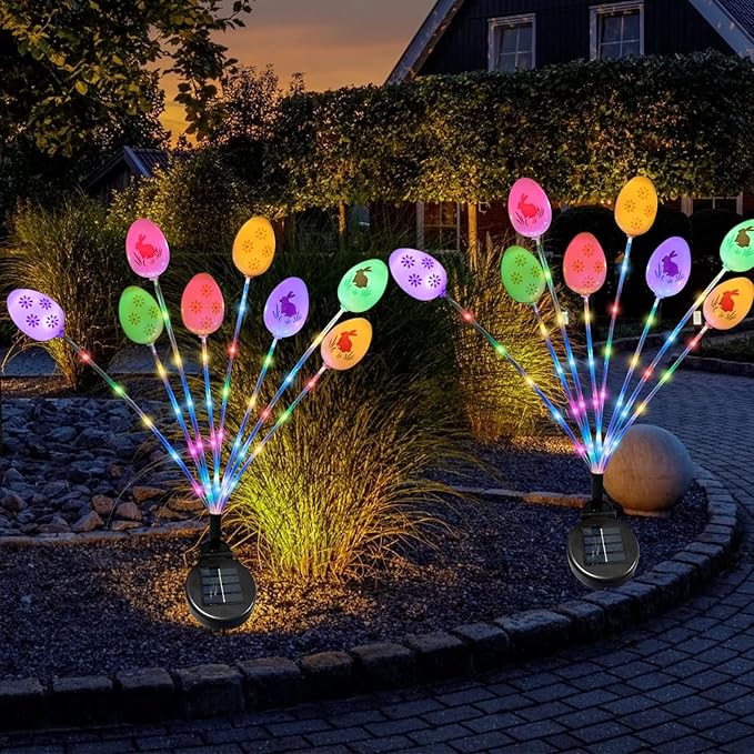 2 Pack Solar Easter Egg Light Outdoor Garden Pathway Solar Stake Light Colorful Eggs Swaying Firefly Light Waterproof Spring Yard Lawn Decor