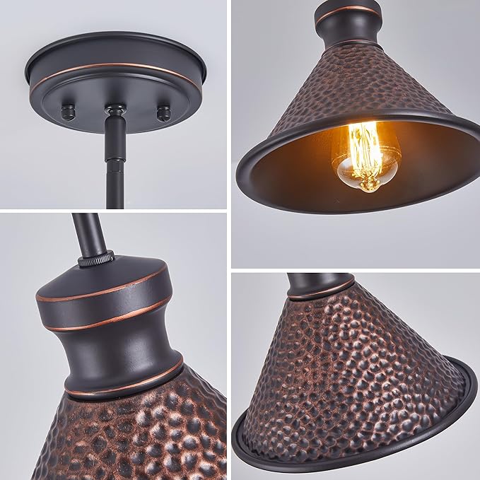 Pendant Light (2 Packs), Kitchen Lights Ceiling Hanging,Oil-Rubbed Bronze Finish, Farmhouse Lighting for Kitchen Island Room,Vintage Hammered Textured Aluminum Shade, Height Adjustable
