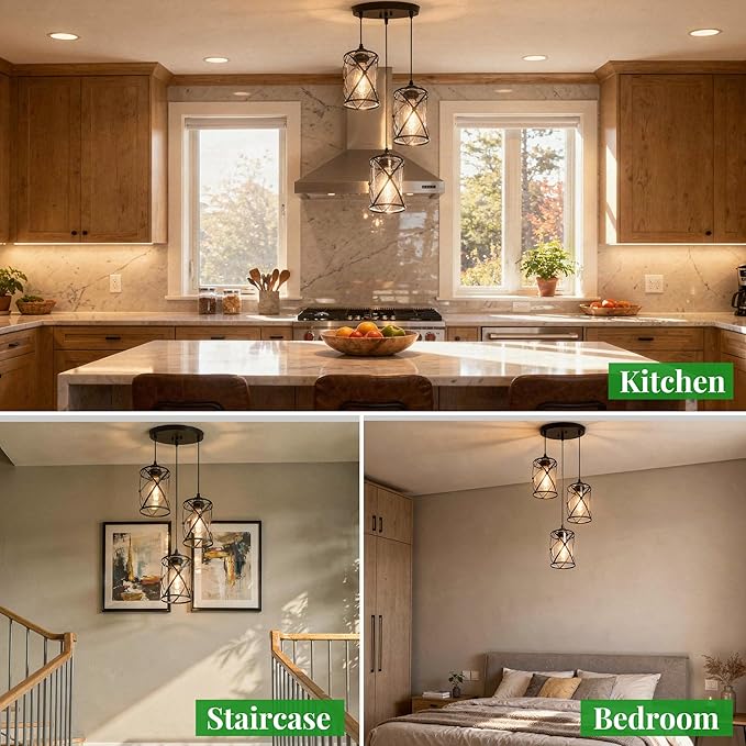 3 Light Pendant Lighting, Farmhouse Hanging Light Fixture for Kitchen Island & Dining Room, Industrial Vintage Ceiling Lamp with E26 Base, Adjustable Height, Matte Black with Glass Shades