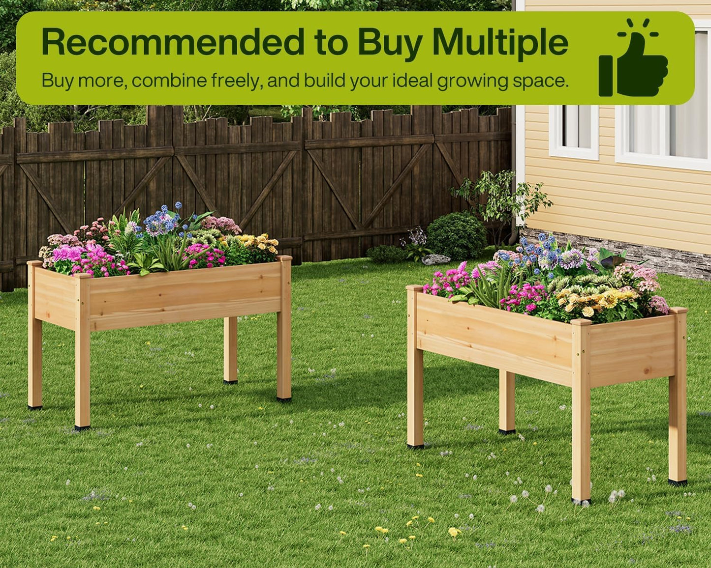 ZIENLIFE Wood Raised Garden Bed, 48x24x30in Elevated Wooden Planter Box with Legs Standing Growing Bed for Backyard, Patio, Balcony with Bed Liner, 200 Pound Capacity 2PCS