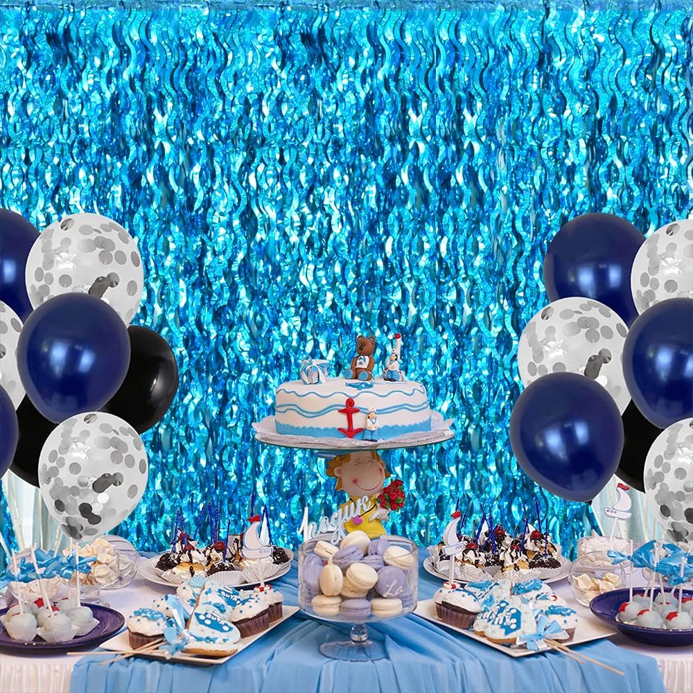 TONIFUL Wavy Metallic Tinsel Foil Fringe Curtains - Teal Blue Backdrop for Parties & Photo Booths (6.6ft x 6.6ft)