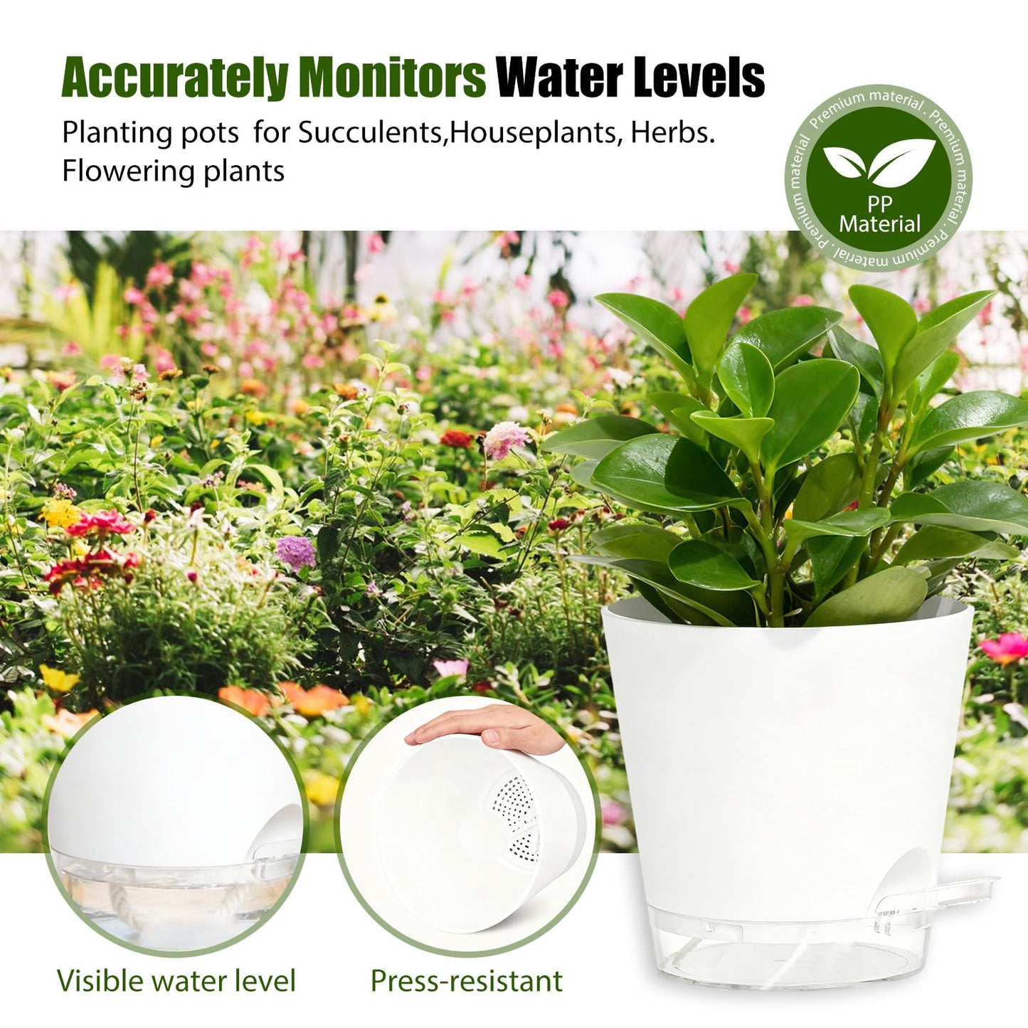 SQKH Plant Pots 4/5/5.5/6/6.5/7/8 Inch Self Watering Pots, 7 Pack Plastic Planters with Drainage Holes and Clear Saucers,Plastic Flower Pots,Nursery Planting Pot for Indoor Out Door Plants(White)