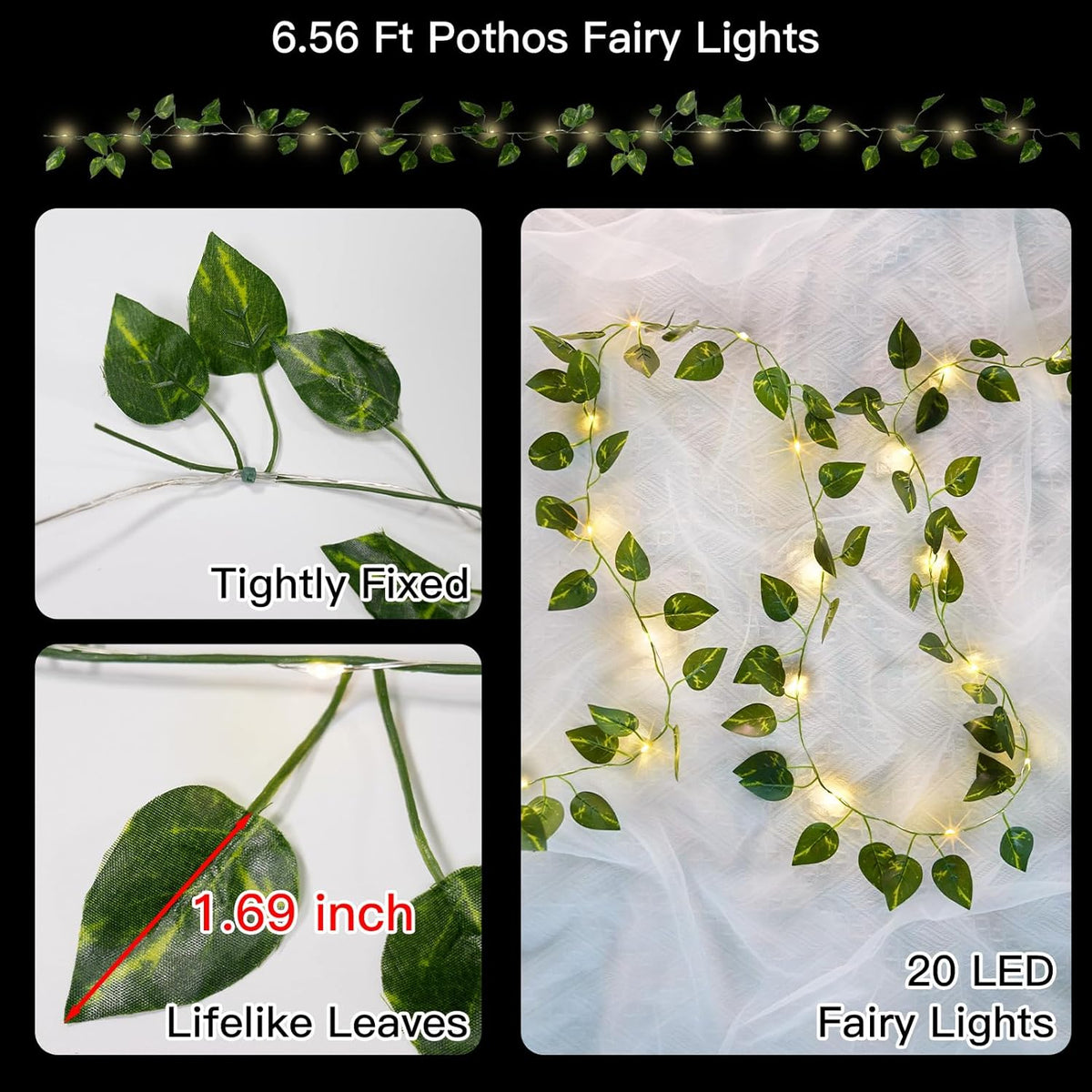 Suddus Vines with Lights - 20 LED Battery Operated Fairy Lights | 6.56FT Pothos String Lights for Bedroom, Garden, Party Decor (Warm White)