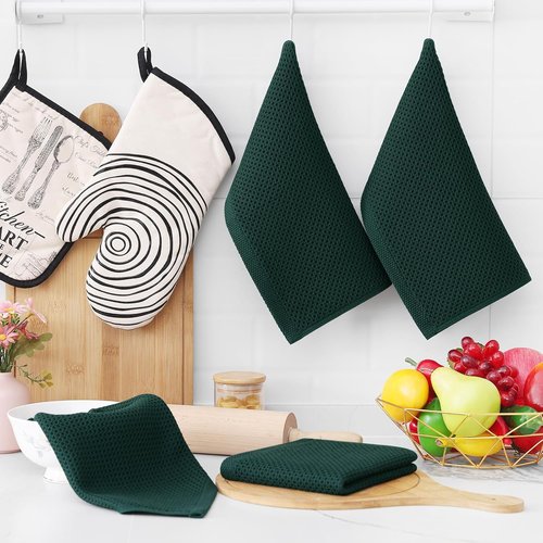 Homaxy Kitchen Dish Cloths - 100% Cotton Waffle Weave, Ultra Soft & Absorbent, 12x12 Inches, 8-Pack | Blackish Green