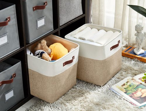 DECOMOMO Storage Cubes - 11x11 Cube Storage Bins for Shelves | Beige & White, 4 Pack