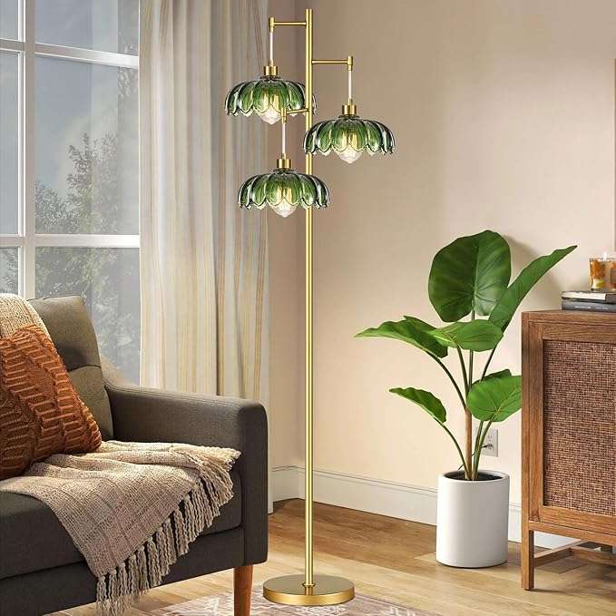 Glass Gold Floor Lamp for Living Room,Bedroom,Mid Century Modern Standing Lamp Brass Tree 3 Light Tall Floor Lamps Vintage Retro Floor Lights Green Flower Lamp Shade Farmhouse Boho Bohemian