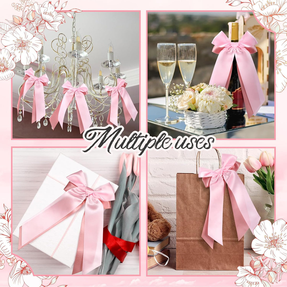 Skiennix 12 Pcs Pink Candlestick Bows - Double-Layer Satin Ribbon, Pre-Tied 7.9'' Bowknot for Weddings & Parties