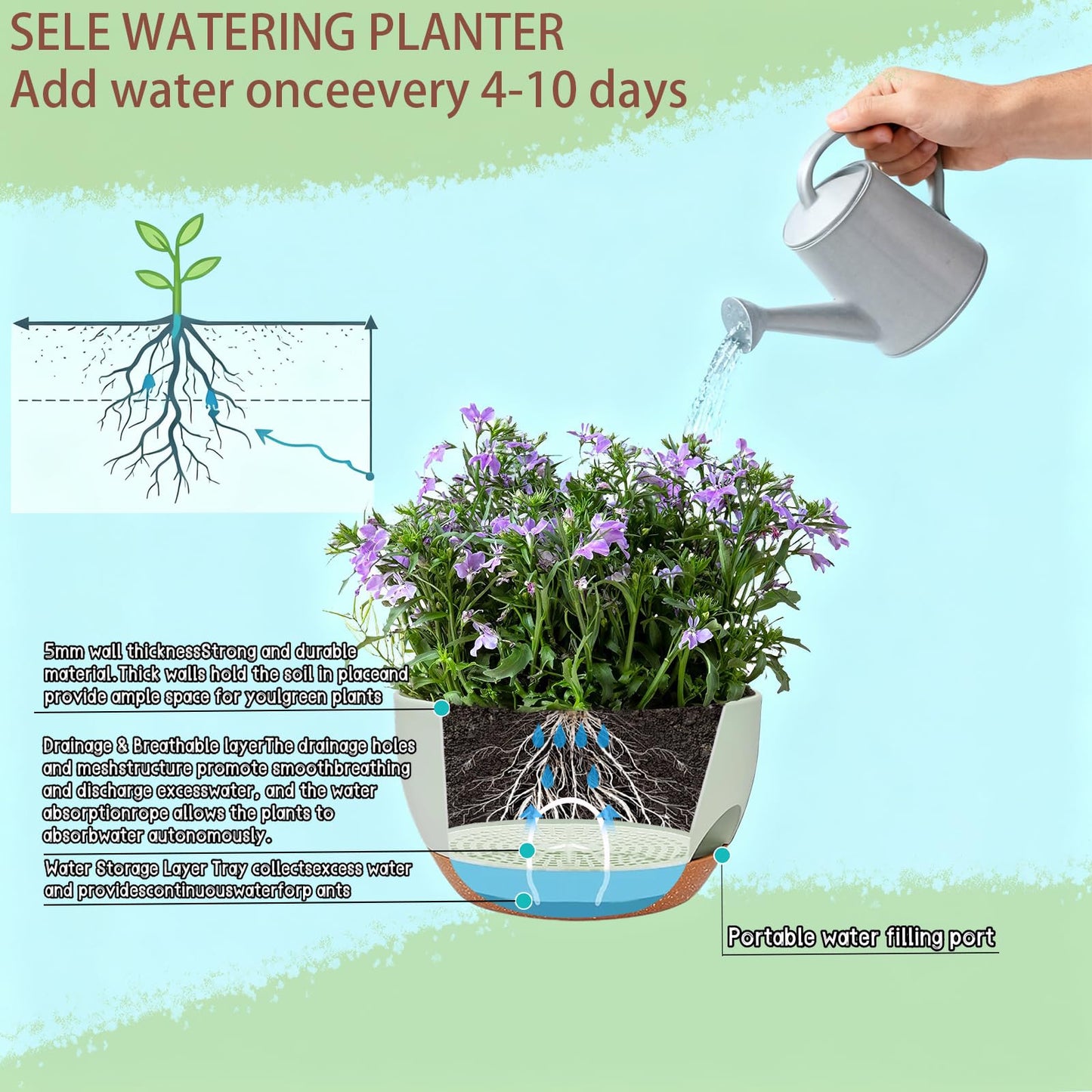 zople Set of 2-8 Inch Self Watering Hanging Planters for Indoor Outdoor,Hanging Plant Pots with Drainage & Removable Tray, Hanging Pots Holder for Ivy, Pothos, Ferns, Balcony & Patio, Green Brown
