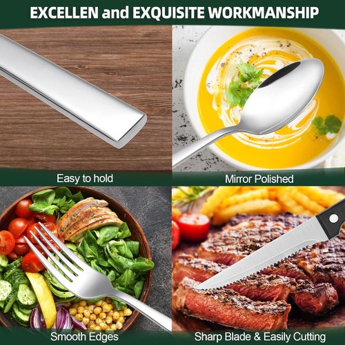 CEKEE 48-Piece Stainless Steel Silverware Set - Mirror Polished Flatware for 8 with Steak Knives, Dishwasher Safe