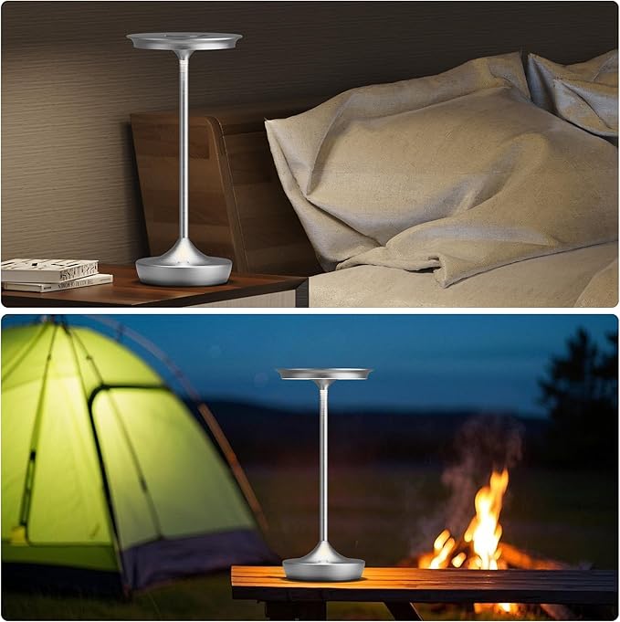 LED Cordless Table Lamps Rechargeable - Outdoor 6000mAh Battery Operated Portable Tables Light 3 Color Stepless Dimming Lamp with Memory Function for Patio Restaurant Dining Silver