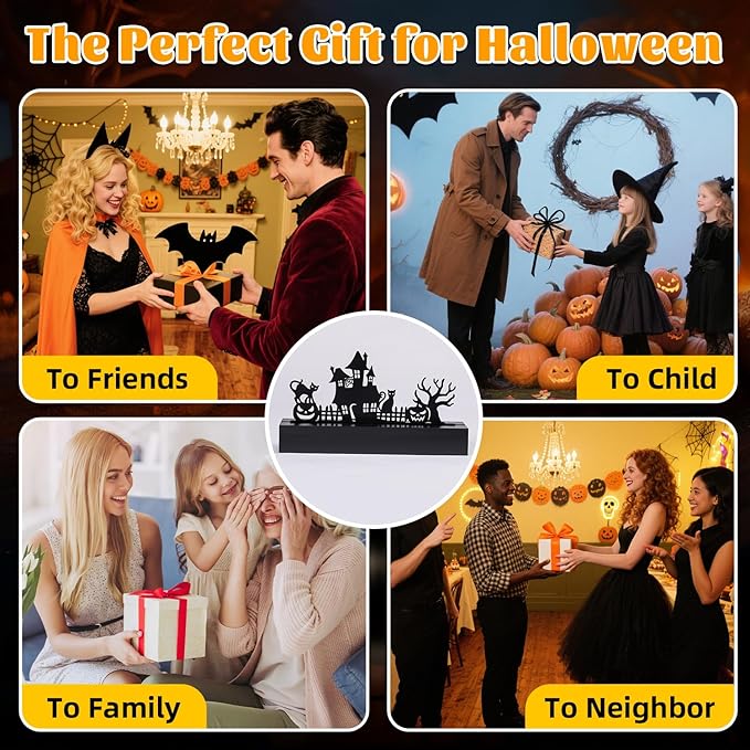 Halloween Table Decor Led Lights Silhouette Decoration Metal Horror Pumpkin Battery Operated Indoor Decoration for Tabletop,Party, Home, Window