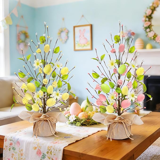 2 Pack & Timer - Easter Decorations, 18 Inch Lighted Easter Tree Tabletop with 40 LED Warm White Lights Colorful Eggs Floral Berries Battery Operated Easter Egg Tree Home Indoor Party Spring Decor