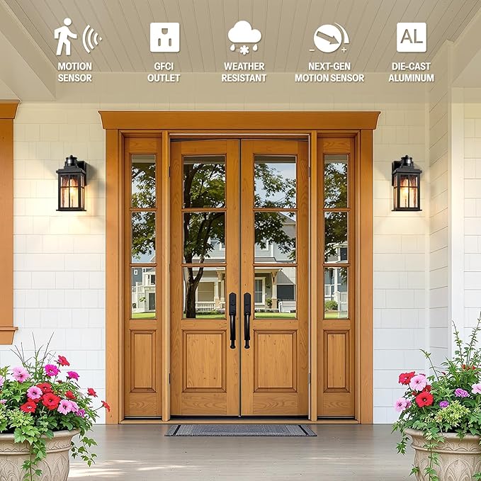 Gleamz Motion Sensor Outdoor Porch Light with GFCI Outlet, Modern Black Exterior Lighting Fixtures Wall Mount for House, Anti-Rust Waterproof Dusk to Dawn Outdoor Wall Sconce Lantern for Garage, Coach