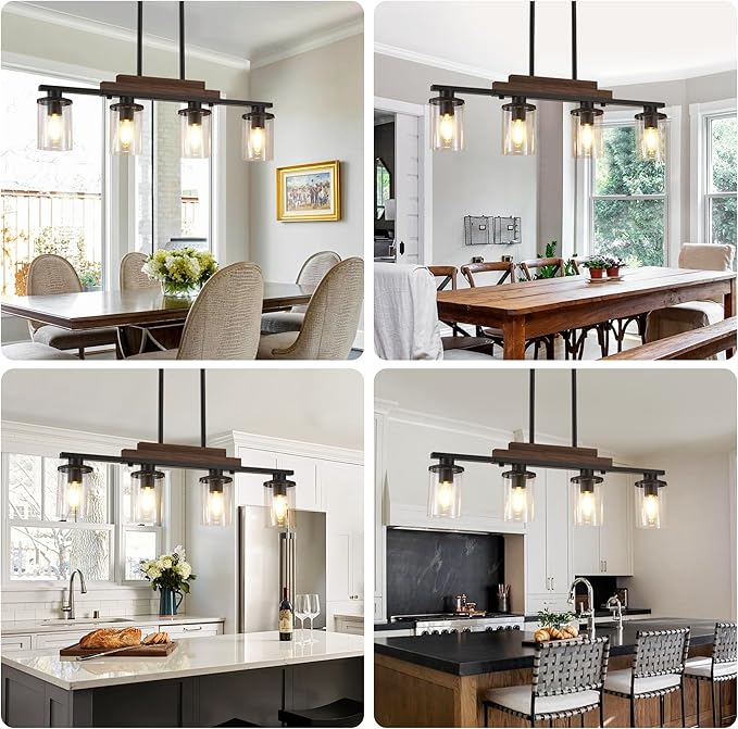 Pendant Lights Kitchen Island, 4-Light Farmhouse Chandeliers for Dining Room, Black Linear Chandelier with Clear Glass Shades, Modern Rustic Wood Chandelier with Adjustable Height