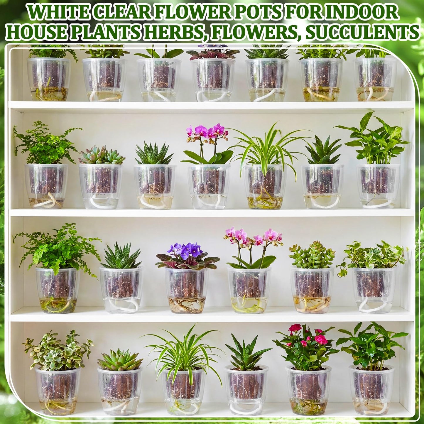 Ferrochef 36pcs Self Watering Pots 4.3 Inch Plastic Flower Plant Pot with Inner Pot Self Watering Wick Planter White Clear Flower Pots for Indoor House Plants Herbs, Flowers, Succulents (Transparent)