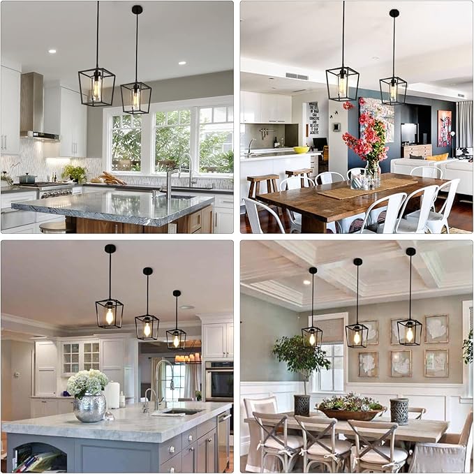 Black Pendant Lights Kitchen Island, 1-Light Farmhouse Kitchen Pendant Lighting Over Island, Metal Cage Island Hanging Lights for Kitchen, Dining Room, Entryway, Hallway, Foyer