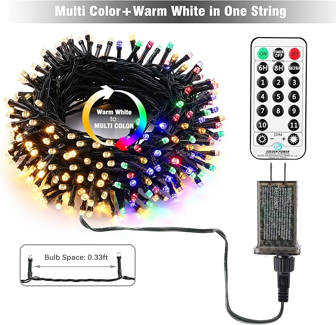 Brizled Christmas Lights Outdoor, 500 LED Color Changing Christmas String Lights with Remote, 180.4ft 11 Modes Tree Light Warm White & Multicolor Green Wire Xmas Light for Xmas Party Home