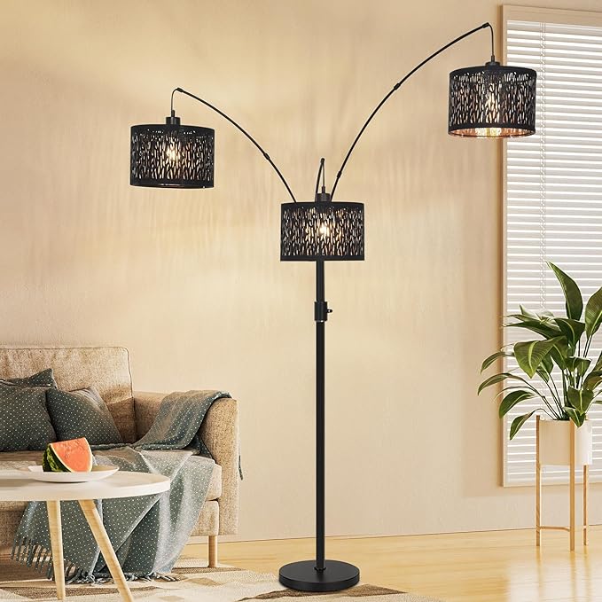 Dimmable Floor Lamp-3 Lights Arc Floor Lamps for Living Room,Modern Tall Standing Lamp With Black Drum Hollow-carved Design Shades,Gothic Mid Century Tree Floor Lamp for Bedroom Corner,Bulbs Included