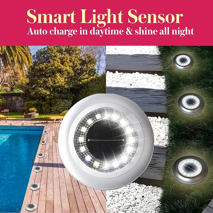 Solar Ground Light 8 Packs, Upgraded 16-LEDs Solar Outdoor Light for Patio, Mower-Friendly Withstand 200lbs Solar Powered Lights, IP66 Waterproof & Reusable Spike, Cool White