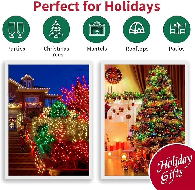 LAMPHOME 66ft Christmas Decorative Mini Lights, 200 LED Green Wire Fairy Starry String Lights Plug in, 16 Lighting Modes for Indoor Outdoor Xmas Tree Wedding Party Decoration (Red/Green/Warm)