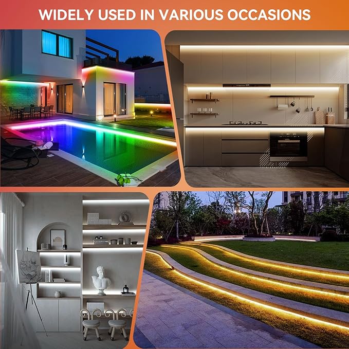50Ft Outdoor RGBWW+IC LED Strip Lights, IP67 Waterproof Multi-Colored+3000K-6500K 24V LED Lights with Remote and APP, Music Sync Color Changing LED Tape Lights,DIY Strip Lighting for Courtyard Garden