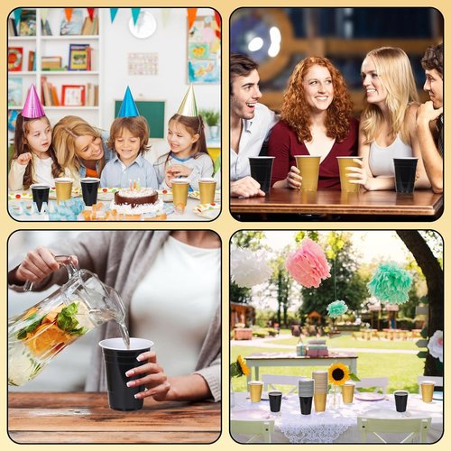 KesaPlan 100PCS 16 oz Black and Gold Disposable Plastic Cups - Perfect for Graduation, Weddings & Parties