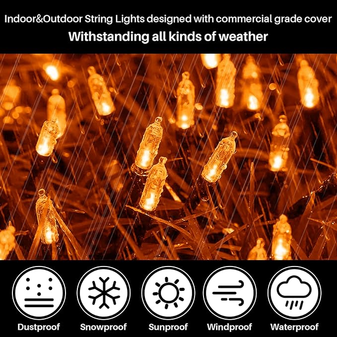 Orange Halloween String Lights Outdoor, Thanksgiving Mini Lights, 32.5FT 100 LED Waterproof Christmas Lights with 16 Lighting Modes for Garden Party Christmas Xmas Tree Lights Autumn Fall Decor