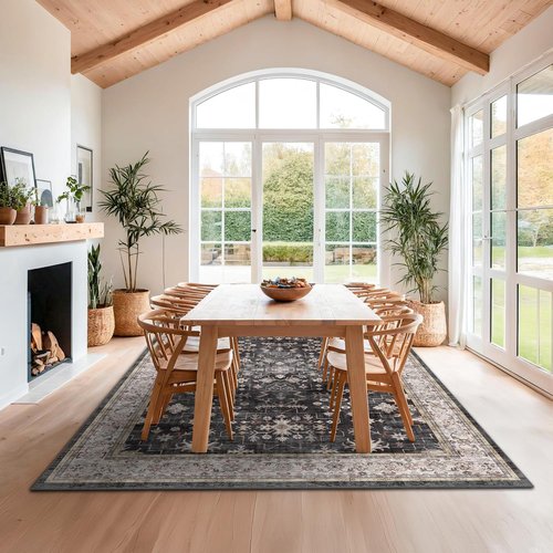 Boho Black Rug - Washable 10x14 Area Rug for Living Room & Dining Room | Soft Low Pile, Non-Slip, Stain Resistant