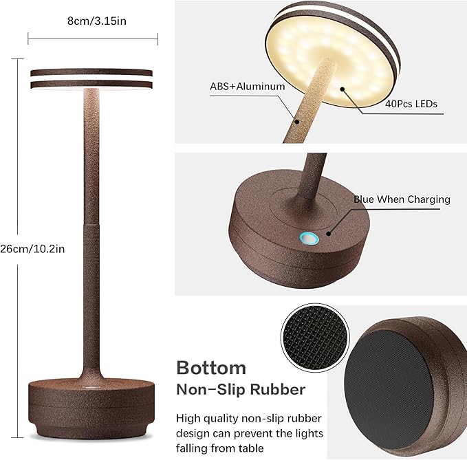 Hapfish 2 Pack Cordless Table Lamps Rechargeable, 5000mAh Battery Powered Lamp, 3 Color Modes, Dimmable, LED Table Lamps for Living Room,Outdoor, Dinner,Patio,Restaurant â Rust