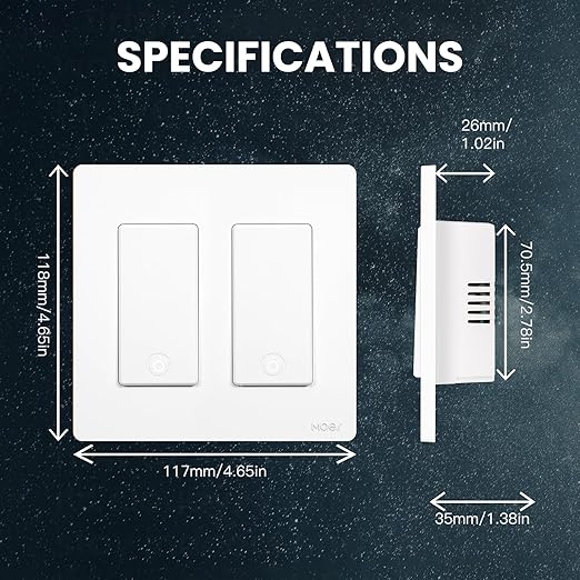 MOES Smart Single Pole Light Switch, 2.4GHz WiFi Smart Wall Switch, Needs Neutral Wire, Multi-Control, Smart Life/TUYA APP Control, Voice Control with Alexa/Google Home, White 2 Gang