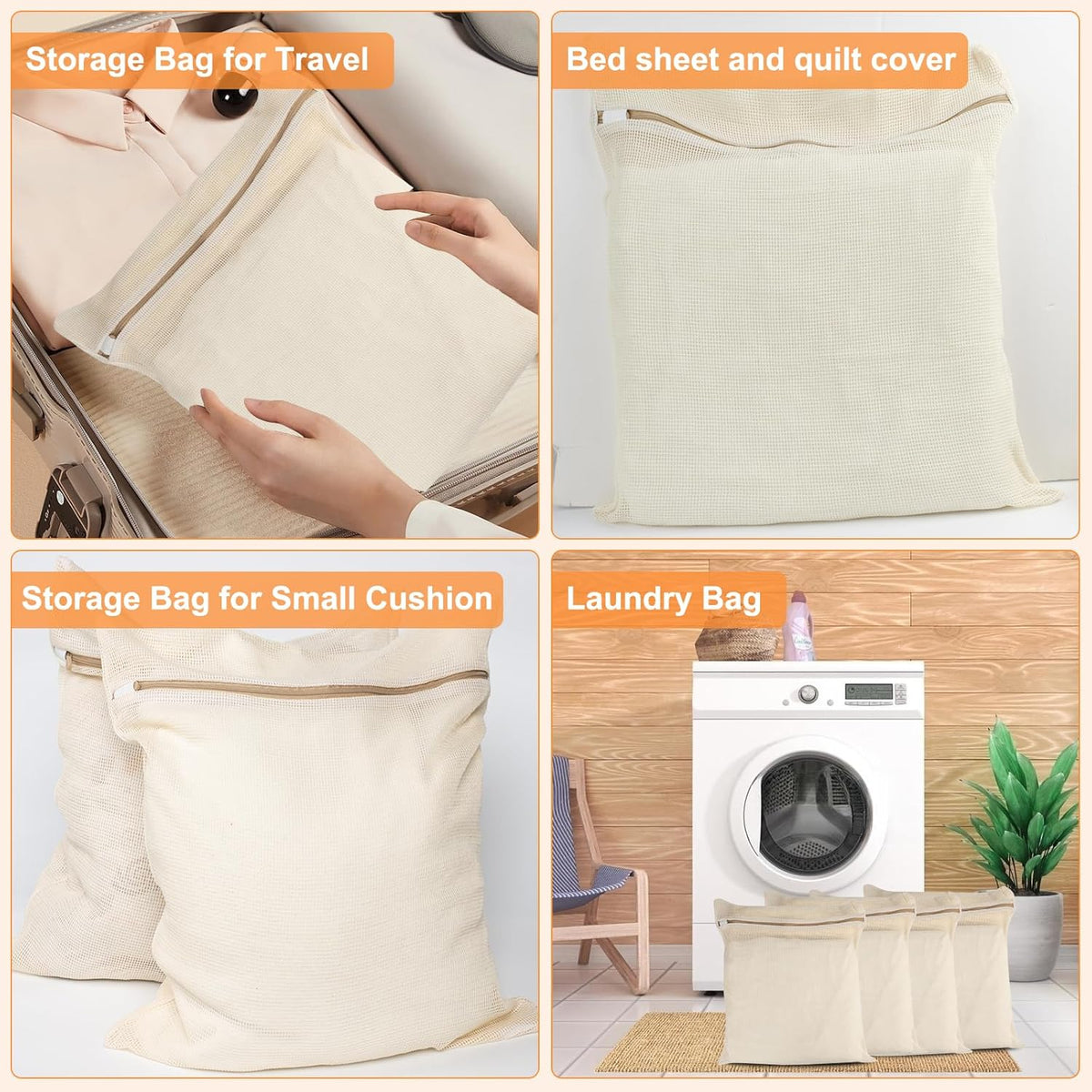 Organic Cotton Mesh Laundry Bags - 4-Piece Set with Sturdy Zippers | Durable & Breathable for Delicate Items