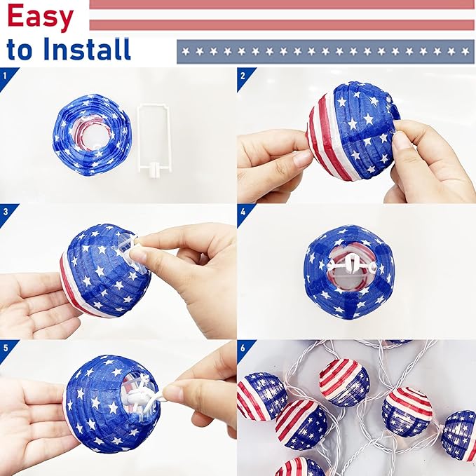 8.5Ft American Flag Lanterns String Lights Outdoor, 4th of July Decorations with 10 Nylon Mini Lanterns, Connectable Plug-in Red White Blue Lights for Independence Day Memorial Patriotic Party