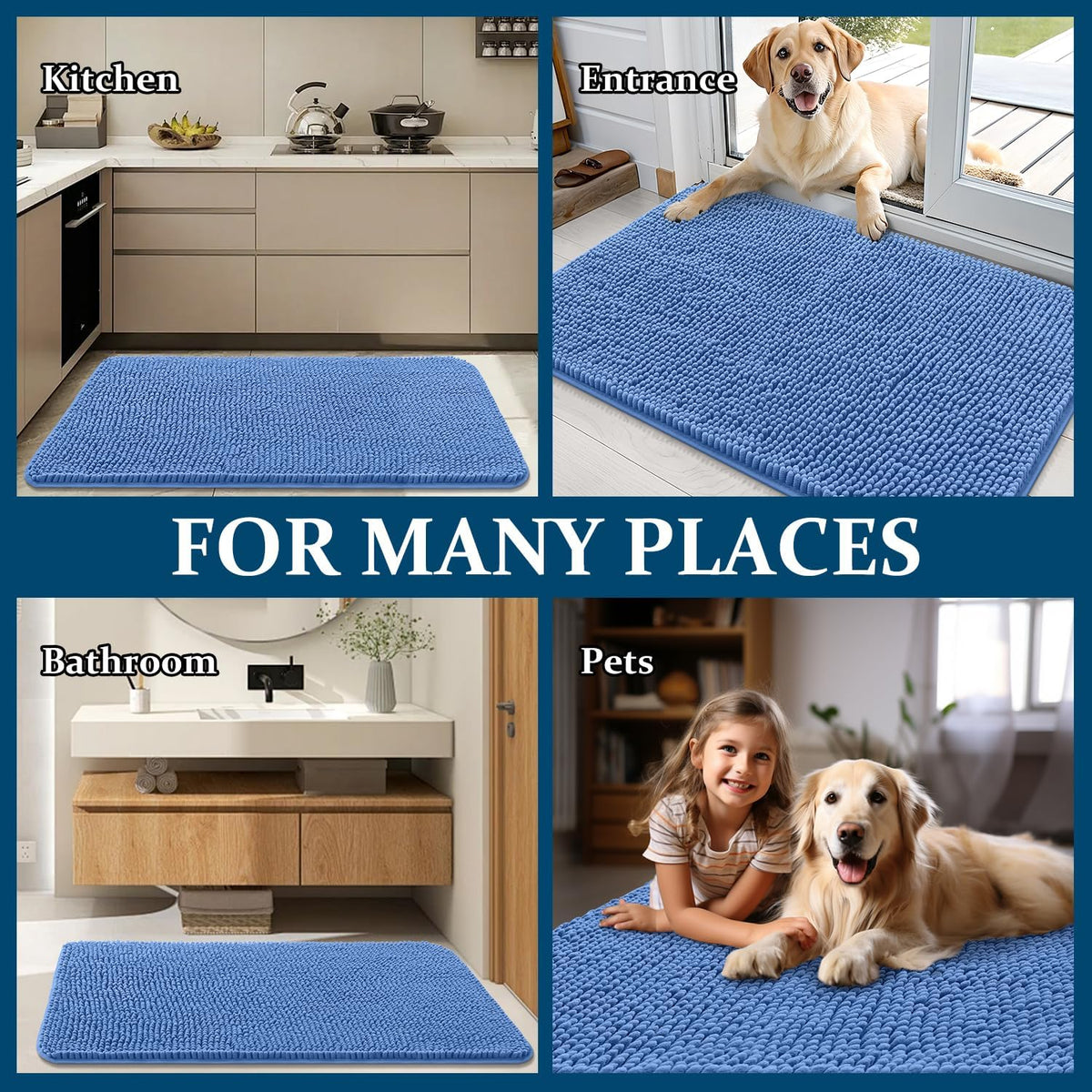OLANLY Dog Door Mat - Absorbent Non-Slip Chenille Mat for Muddy Paws | 59x35 Inches, Cornflower Blue