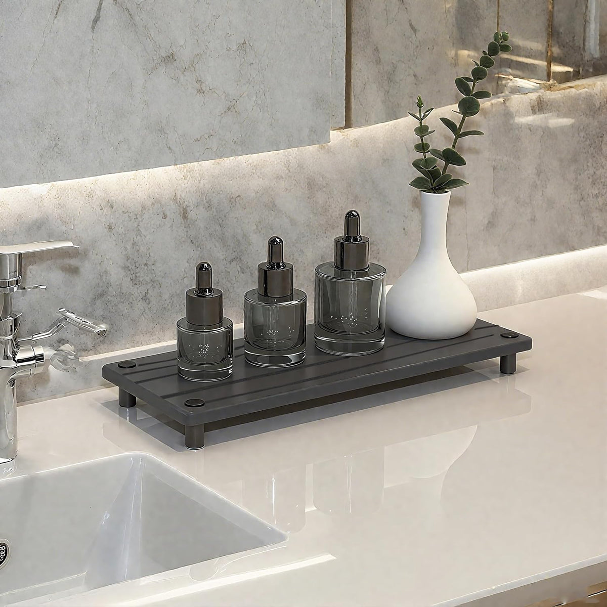 Skiennix Quick Dry Sink Caddy - Water Absorbing Stone Tray & Faucet Mat | Kitchen & Bathroom Organizer