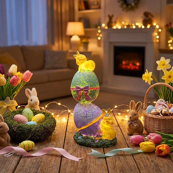 Lighted Easter Eggs Chicks Figurines, 6.5" H Purple Green Resin Light Up Decorative Egg Small Statue Table centerpieces Decor Indoor, Cute Spring Tabletop Mantel Shelf Desk Home Decorations