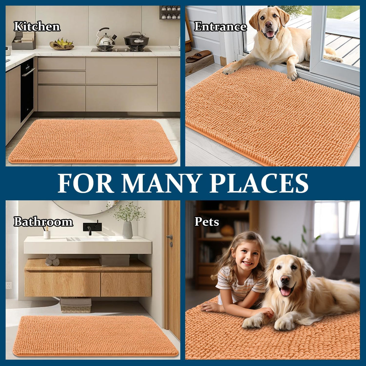 OLANLY Dog Door Mat - Absorbent Non-Slip Washable Doormat for Muddy Paws | 35x24 Inches, Quick Dry Chenille, Orange