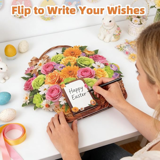 Tcamp Easter Cards with Envelope, Pop Up Easter Cards with Music and Lights, Easter Eggs Bunny Flower Basket Easter Card for Kids Adults Women Mom Daughter Sister Girls