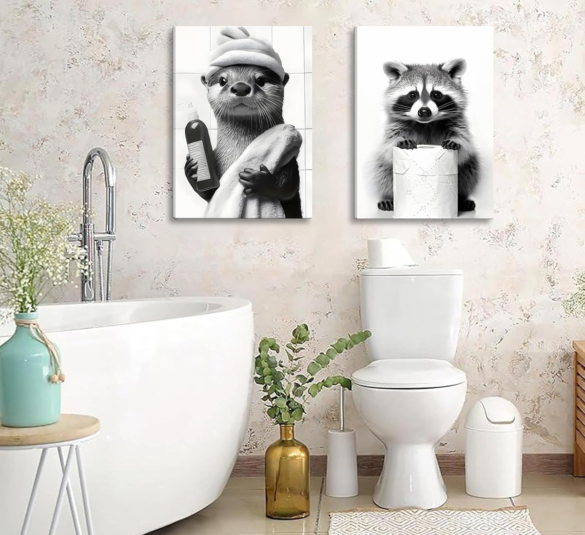 Regine Switzerland 3-Pc Framed Black & White Animal Bathroom Wall Art - Humorous Bear & Cute Raccoon Prints