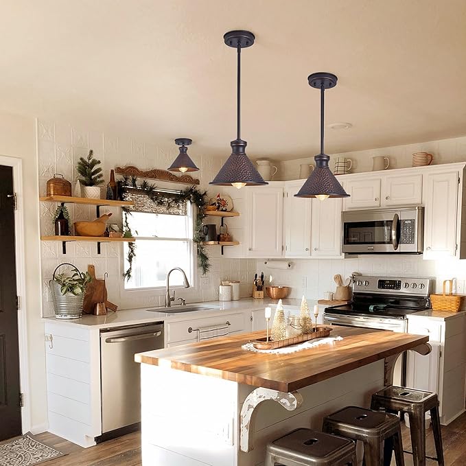 Max 58”Ht Adjustable Tube Mini Pendant,Vintage Hammered Pattern Cast Aluminum Shade,1-E26 Classic Lamp,Oil Rubbed Bronze Farmhouse Hanging Light for Kitchen Island,Entryway,Dining Room.