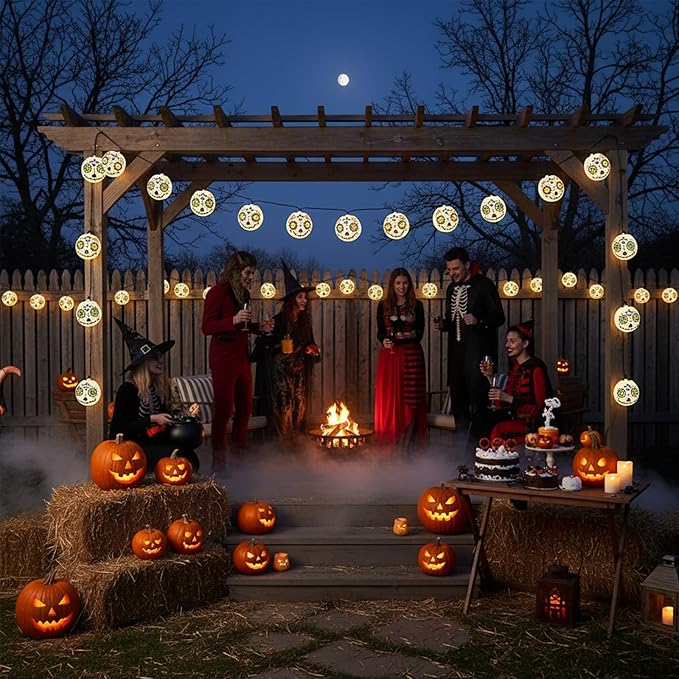 Halloween Jack Skellington Ghost Lights, 8.5FT Connectable String Lights with 10 LED Nylon Lanterns, Indoor Outdoor Halloween Decorations for Bedroom, Party, Fireplace, Yard