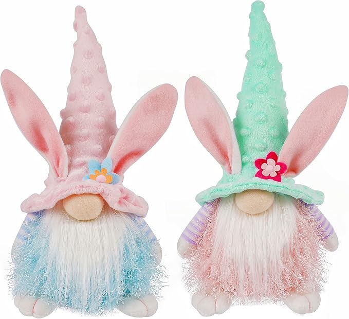 Juegoal 2 Pack Lighted Bunny Easter Gnome, 11" Handmade Scandinavian Swedish Tomte, Light Up Elf Easter Present, Battery Operated Rabbit Gifts Spring Tabletop Holiday Decorations