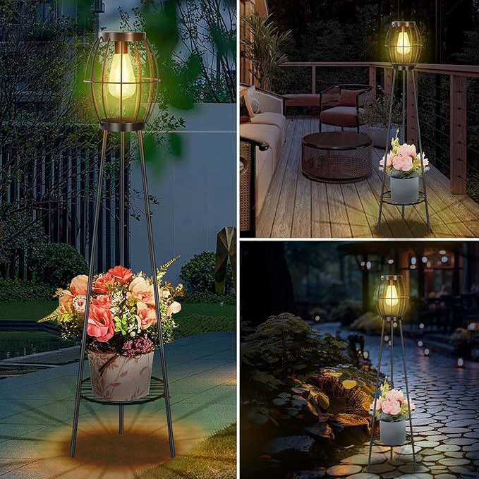 2 Pack Solar Lights Outdoor with Plant Stands, Solar Floor Lamp, Solar Powered Street Light Metal Tripod Deck Lights, Patio Decor for Garden Yard Pathway Driveway Porch