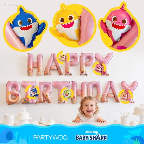 Baby Shark | PartyWoo 37-Piece Foil Balloon Set - Pink Round & Star Mylar Birthday Decorations